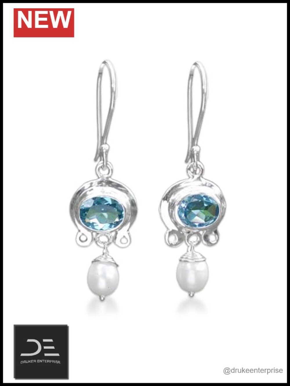 Handcrafted Freshwater Pearl Blue Topaz Dangle Earrings Sterling Silver